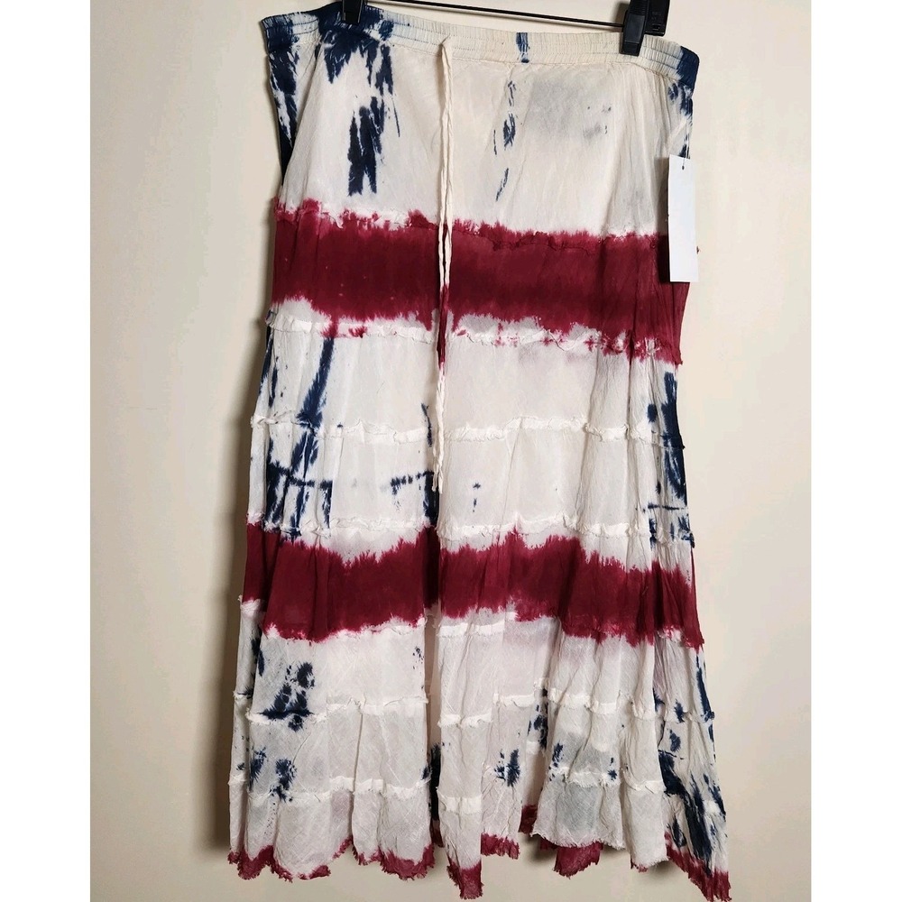 Boho Tie Dye Tiered Maxi Skirt 100% Cotton Gauze White Red Blue Cottagecore XL